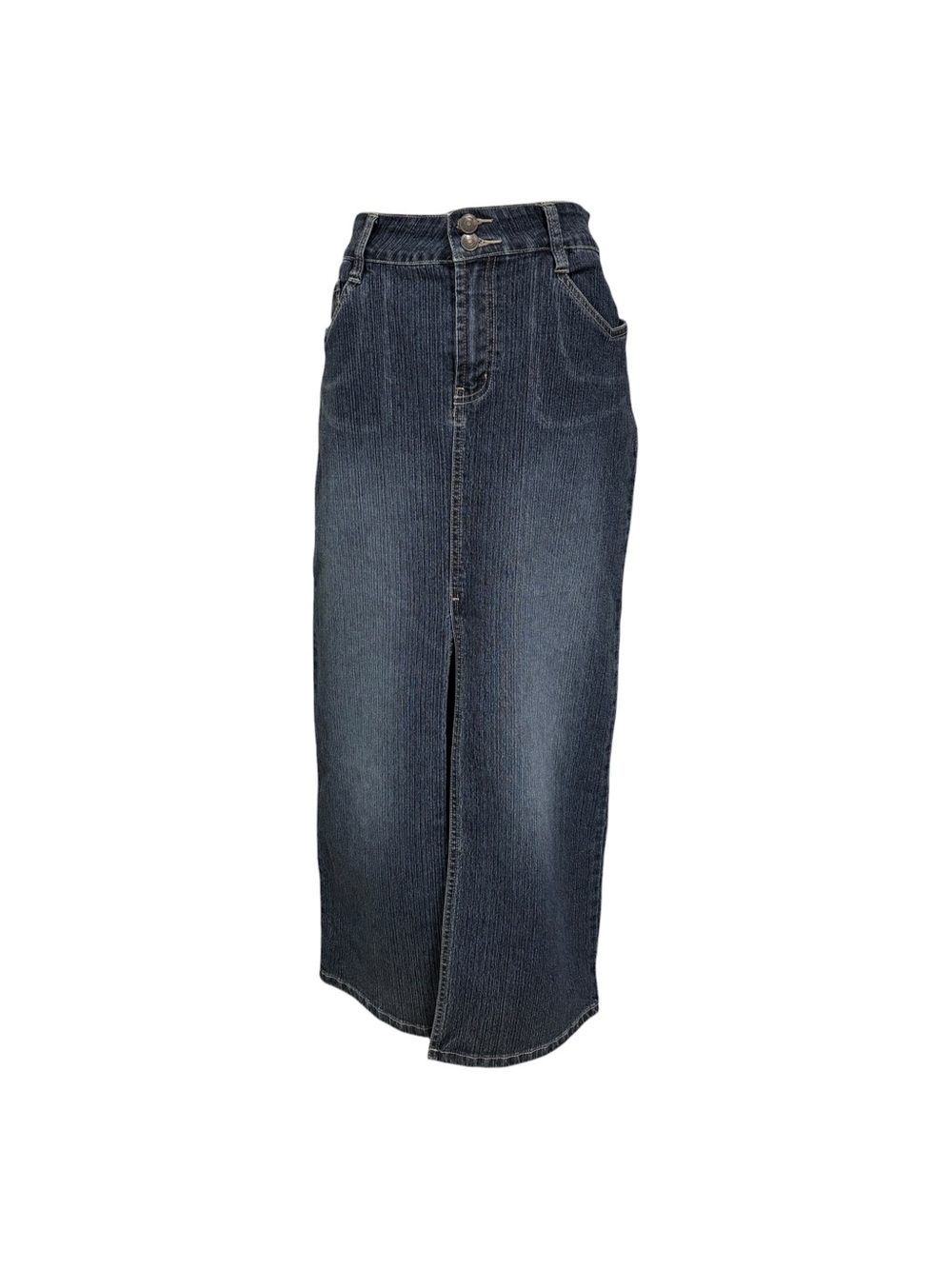 Y2K No Boundaries Denim Maxi Skirt Juniors 7 Dark Wash Front Slit Stretch
